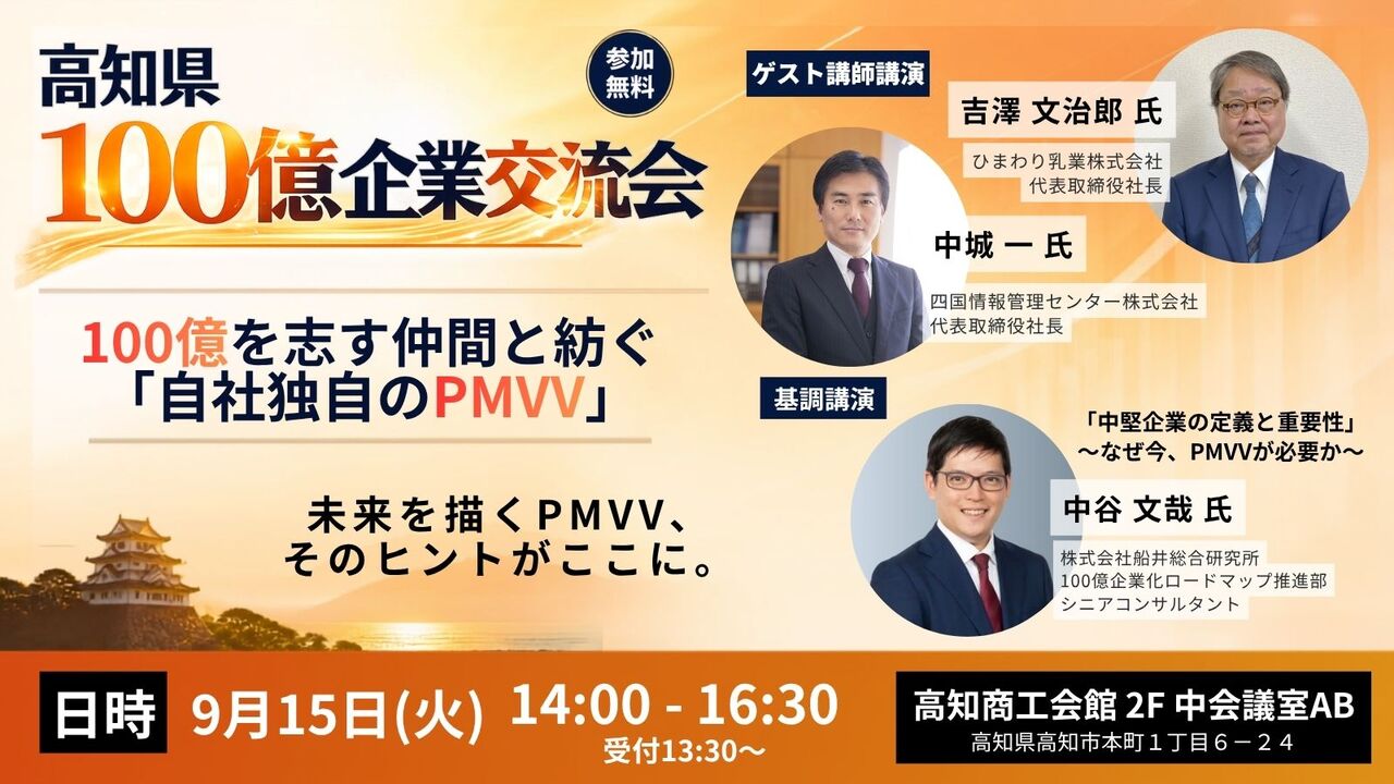 ⾼知県100億企業交流会〜100億を志す仲間と紡ぐ「⾃社独⾃のPMVV」〜 サムネイル