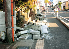 ブロック塀の倒壊(新潟県中越地震時の新潟県小千谷市) ブロック塀の倒壊(新潟県中越地震時の新潟県小千谷市)