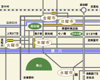 高知市内の街路市の地図 高知市内の街路市の地図