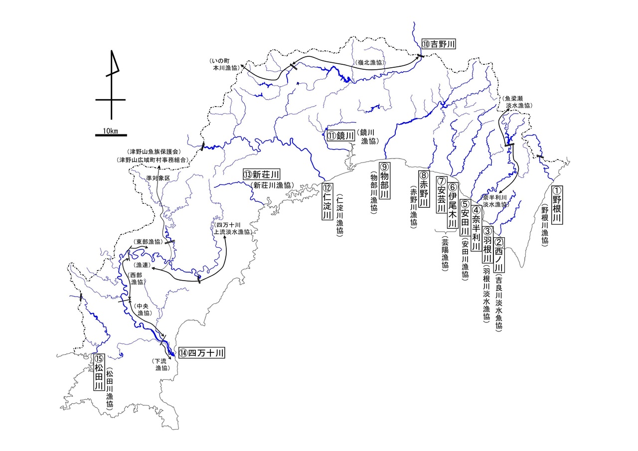 高知県全県河川図（出典：内水面漁場管理保全計画）